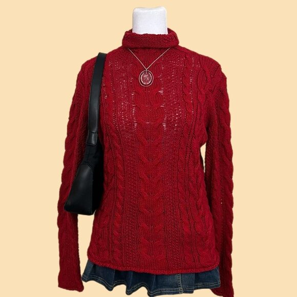 y2k red girly preppy downtown it girl cable knit turtleneck - Picture 1 of 7